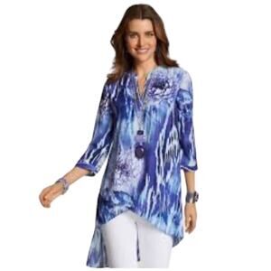 Chico's Women's Blue Lightweight Sequin Split Neck 3/4 Sleeve Tunic Top Size 0
